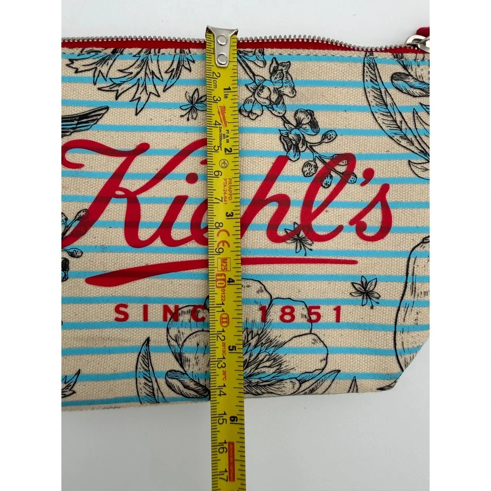 Kiehls Since 1851 Canvas Makeup Bag Blue Striped Floral Cosmetic Pouch Red Liner